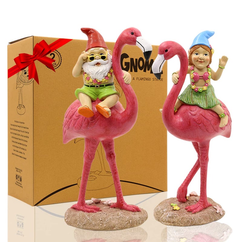 Goodeco 2Pack Gnome Riding Flamingo Statues - 11 "Adorable Hawaii Pink Flamingo Gifts, Birthday & Mom Gifts, Perfect Home and Garden Decor, Beach Party Decorations (M&L) - Image 1